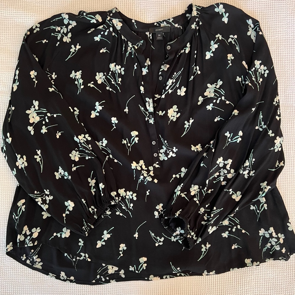 J Crew Plus Size Green Black and White Floral Blouse